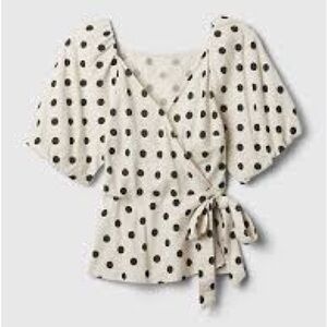 GAP Cream and Black Wrap Polka Dot Blouse Linen Blend Size Large V Neck